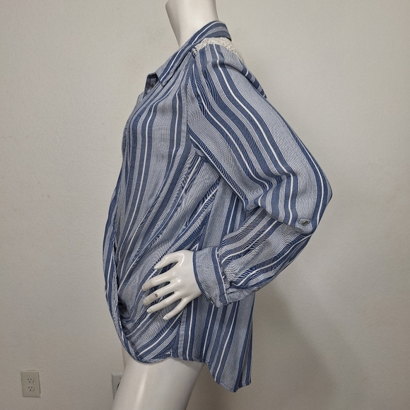 Vintage America Blue White Front Twist Western Casual Roll Tab Sleeve Blouse XL - Picture 4 of 13